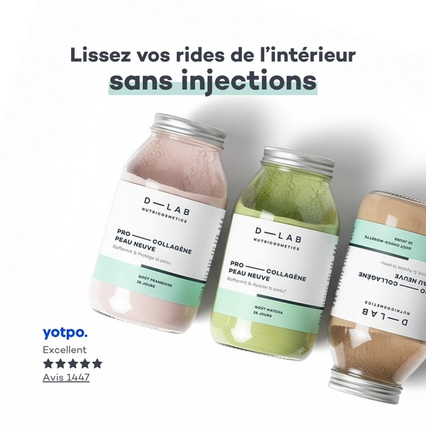 A 1:1 format creative that pairs a direct bold claim with clear, minimal product photography of three collagen powder jars to establish authority.